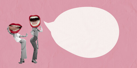 Wall Mural - Contemporary art collage. Two girls with mouth heads talking gossips isolated over pink background