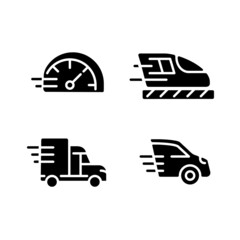 Sticker - Fast transport black glyph icons set on white space. Motor vehicle. Train and automobile. Delivery and transit.Silhouette symbols. Solid pictogram pack. Vector isolated illustration