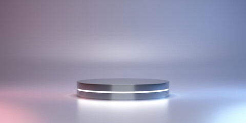 Poster - Blank pastel gradient background with metal circle glowing product display platform. Empty studio with podium pedestal on a pink and blue light backdrop. 3D rendering