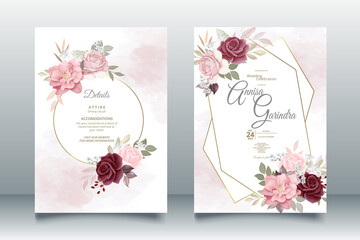Wall Mural - Elegant wedding invitation card with beautiful maroon floral and leaves template Premium Vector