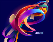 Liquid 3D Geometric Shapes. Colorful Curved Rings On Dark Blue Background.