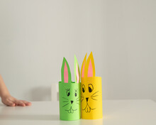 Easter Bunnies Craft Made By A Child With His Own Hands From Colored Paper