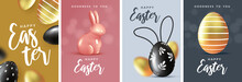 Easter Set Of Greeting Posters, Holiday Covers, Cards, Flyers Design.Modern Minimal Design  With Eggs And  Rabbits For Social Media, Sale, Advertisement, Web.