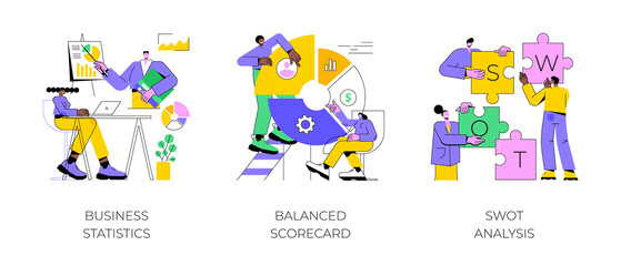 Poster - Company performance analysis abstract concept vector illustration set. Business statistics, balanced scorecard, SWOT analysis, enterprise, strategic goal, project planning, progress abstract metaphor.