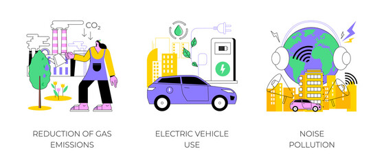 Wall Mural - Urban environment abstract concept vector illustration set. Reduction of gas emissions, electric vehicle use, noise pollution, Co2 greenhouse gas, eco-friendly transportation abstract metaphor.