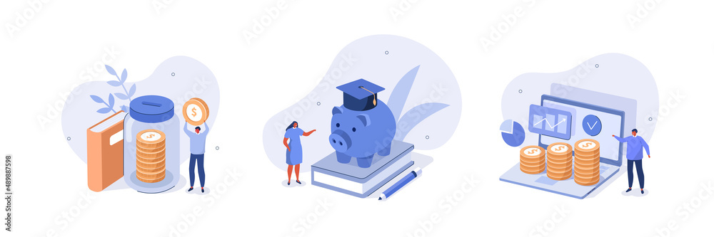 Student Financial Risk Animation Finance and education illustration set. Student characters investing ...