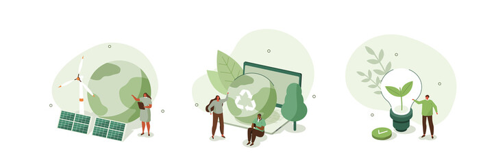 Sticker - Sustainability illustration set. ESG, green energy, sustainable industry with windmills and solar energy panels. Environmental, Social, and Corporate Governance concept. Vector illustration.