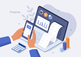 Poster - finance isometric. financial consultant or advisor calculating invoices and filling tax declaration 