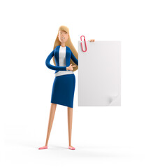 Wall Mural - Young business woman Emma standing with paper document on a white background. 3d illustration