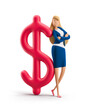 Young business woman Emma standing with big dollar sign on a white background. 3d illustration