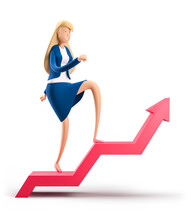 Young Business Woman Emma It Goes Up The Arrow Of The Graph. The Concept Of Growth, Innovation, Leadership. 3d Illustration