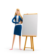 Young Business Woman Emma Standing With Dashboard On A White Background. 3d Illustration