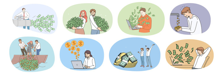 Collection of diverse people feel excited get dividend from successful investment. Set of happy men and women satisfied with financial income or revenue. Finance, bank. Vector illustration. 