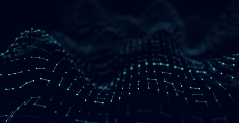Fototapete - Blue dynamic particles wave. Embossed mesh representing internet connections, cloud computing and neural networks. Data flow. Technology background. 3d rendering.