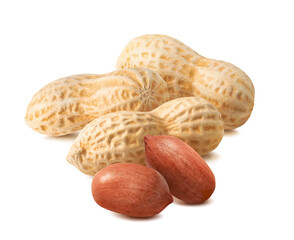 Wall Mural - peanuts in nutshell isolated on white background. whole nuts and peeled kernels.