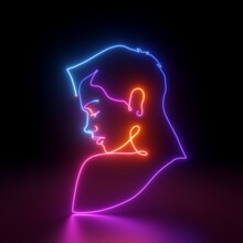3d Render, Abstract Linear Art Portrait Of A Woman, Glowing With Colorful Neon Light Over Black Background