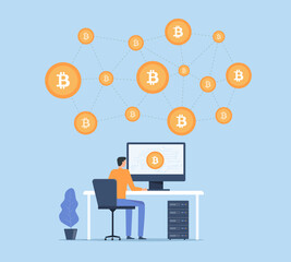 Aufkleber - Flat vector Businessmen are investing and mining in bitcoins and cryptocurrency asset technology. People working on monitor screen. cloud mining network connection concept.