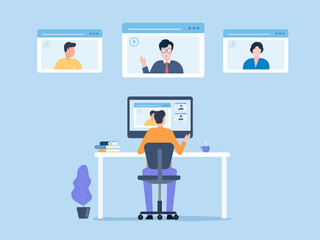 Aufkleber - flat vector business people online web video conference for meeting with remote technology working and people work from home and smart working online connect anywhere concept