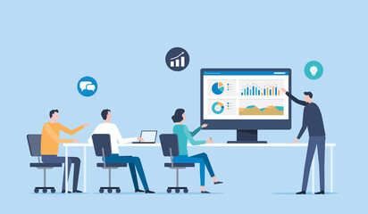 Wall Mural - Business marketing team working and meeting for business investment on monitor graph report dashboard. Business planning concept. Flat vector illustration design concept