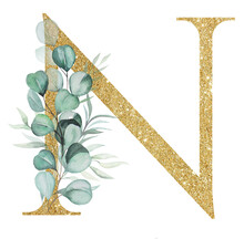Golden Letter N Decorated With Green Watercolor Eucalyptus Branches And Leaves Isolated