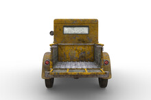 Back View Of Rusty Old Yellow Vintage Farm Pickup Truck With Peeling Paintwork. 3D Rendering Isolated On White Background.