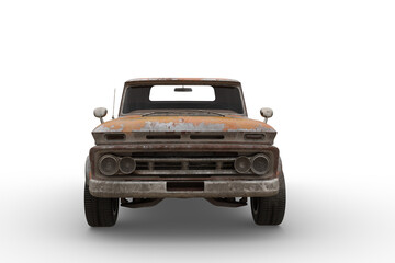 Poster - Front view of rusty retro style orange pickup truck. 3D illustration isolated on white background.