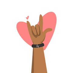 Inclusive Raised Heart Hand with I Love You Bracelet  Vector Valentine’s day card design. Pink heart and hand gesture isolated on the white background.