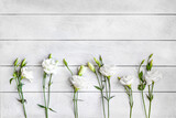 A white wooden background and white flowers of eustoma or lisianthus lie in a row at the bottom