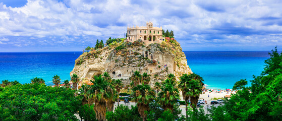 Poster - Landmarks of Calabria - iconic church and sanctuary of Tropea town - Santa Maria del'isola. Italy summer holidays