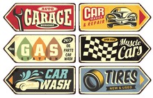 Retro Collection Of Cars And Transportation Sign Boards. Garage, Gas Station, Muscle Cars, Tires, Services And Car Wash Posters And Labels. Vector Illustration.
