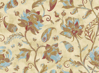  Paisley watercolor floral pattern. Jacobean floral tile: flowers, flores leaves. Oriental indian traditional hand painted water color whimsical seamless print design. Abstract india batik background