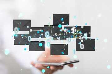 Poster - Abstract virtual postal envelopes sketch on blurry office buildings background, e-mail and marketing
