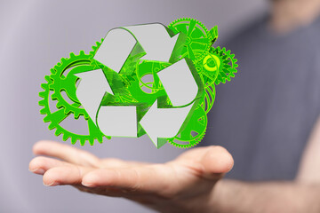 Poster - Mechanism, green metallic gears and cogs at work on brown background. Industrial machinery. 3D