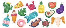 Set Of Inflatable Swimming Mattresses For Children. Floating Whale, Car, Turtle, Donut, Watermelon And Crab. Ice Cream