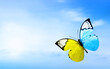 Abstract symbol of the flag of Ukraine in the shape of a butterfly on a blue sky. The concept of freedom and peace
