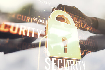 Poster - Double exposure of creative lock hologram with chip and with finger clicks on a digital tablet on background. Information security concept