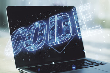 Poster - Creative Code word sign on modern computer background, international software development concept. Multiexposure
