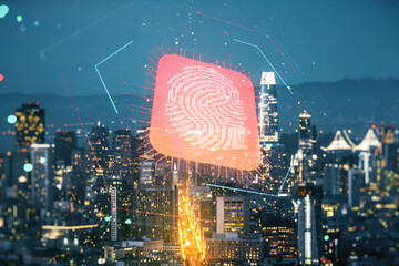 Poster - Multi exposure of virtual fingerprint scan interface on San Francisco office buildings background, digital access concept