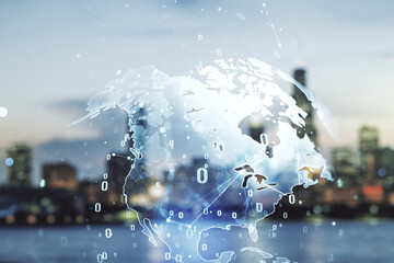 Poster - Double exposure of abstract programming language hologram and world map on blurry cityscape background, research and development concept