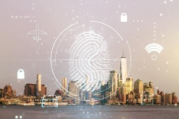 Aufkleber - Double exposure of virtual creative fingerprint hologram on New York city office buildings background, protection of personal information concept
