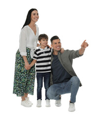 Wall Mural - Little boy with his parents together on white background