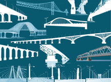 Fourteen Long Bridges Collection Isolated On Cyan