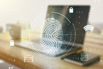 Poster - Multi exposure of abstract graphic fingerprint sketch and modern desktop with pc on background, fingerprint scan data concept