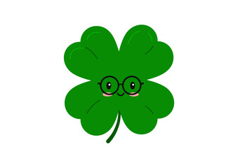 Wall Mural - Cute clover four leaf kids character in eyeglasses isolated on white background. Green kawaii emoji 4 leaves clever clover lucky emoji mascot. Flat design cartoon vector illustration.