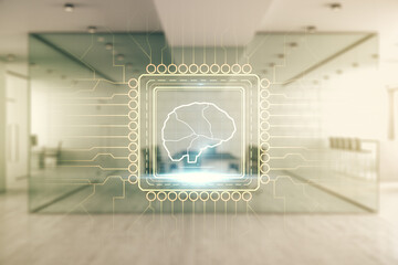 Poster - Virtual creative artificial Intelligence hologram with human brain sketch on a modern furnished office background. Multiexposure