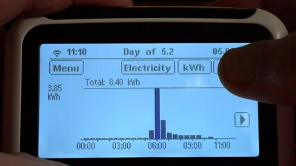 Closeup of a finger and thumb using a domestic fuel smart meter, to check the daily, weekly and monthly consumption history, as bar charts.