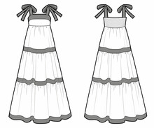 Girls And Womans Dress With Bows, Fashion Technical Draw
