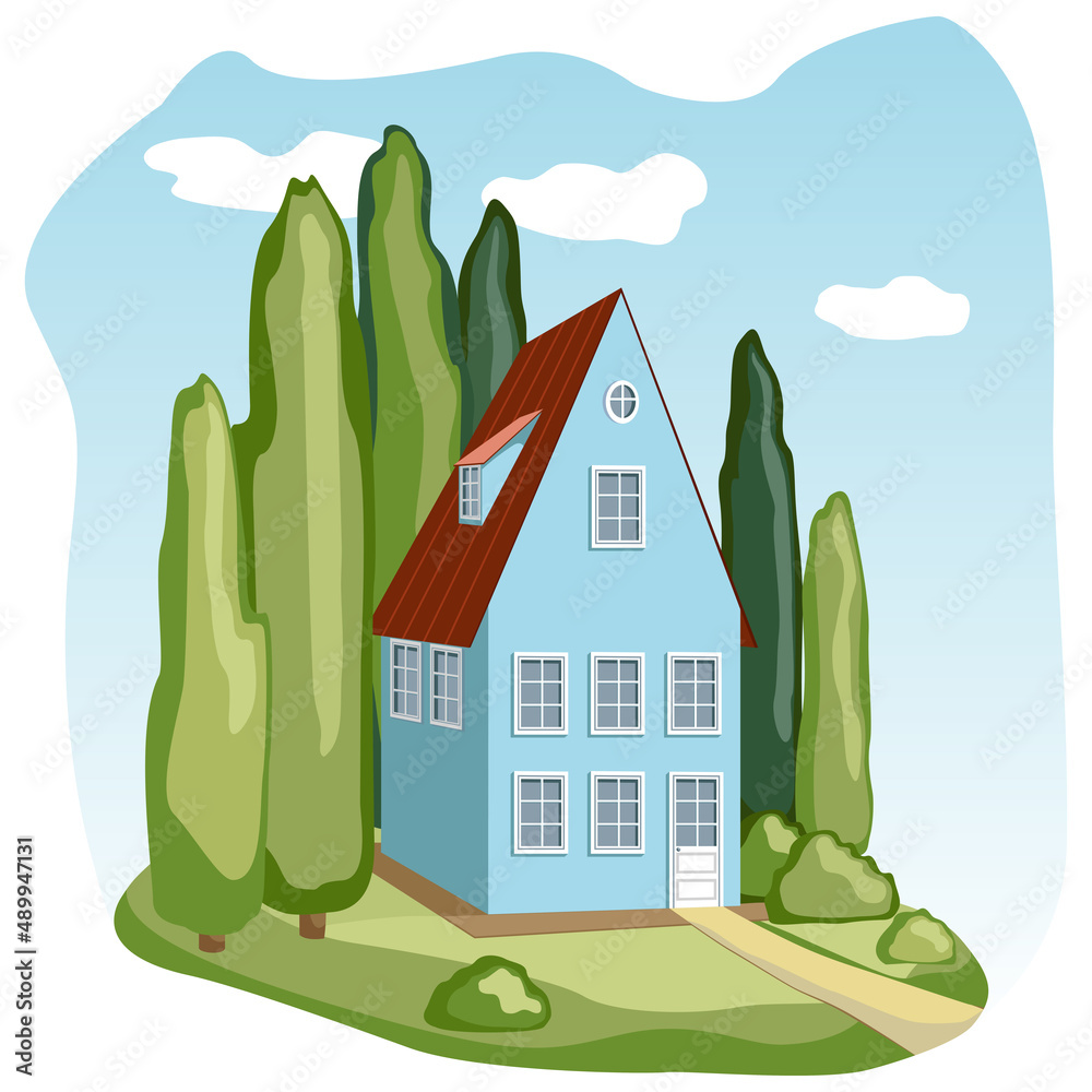 Vector illustration depicting a cottage surrounded by tall pyramidal ...