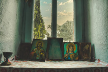 Religious Icons In A Small Window In The Greek Orthodox Chapel Of Gökçeada, Turkey History. 08.27.2021 Imbros Island
