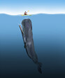 Feeling vulnerable about the unknown situation below is this kayaker with a whale moving his way in a 3-d illustration.